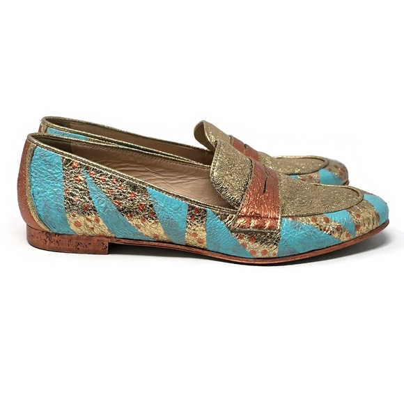 Shoes - One Of A Kind Hand Painted Crinkle Gold Penny Loafers J Crew Women's 8